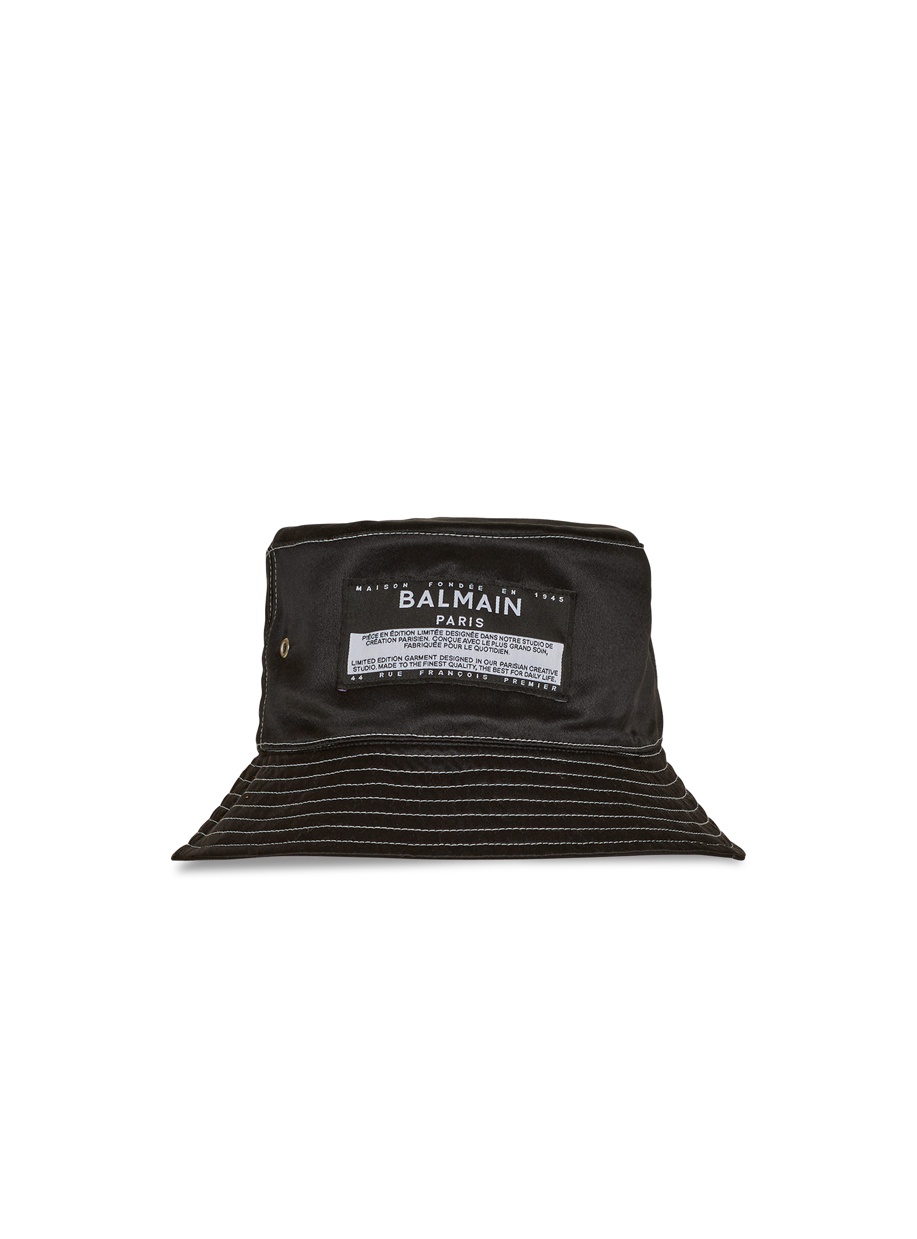 Satin bucket hat with Balmain logo, black