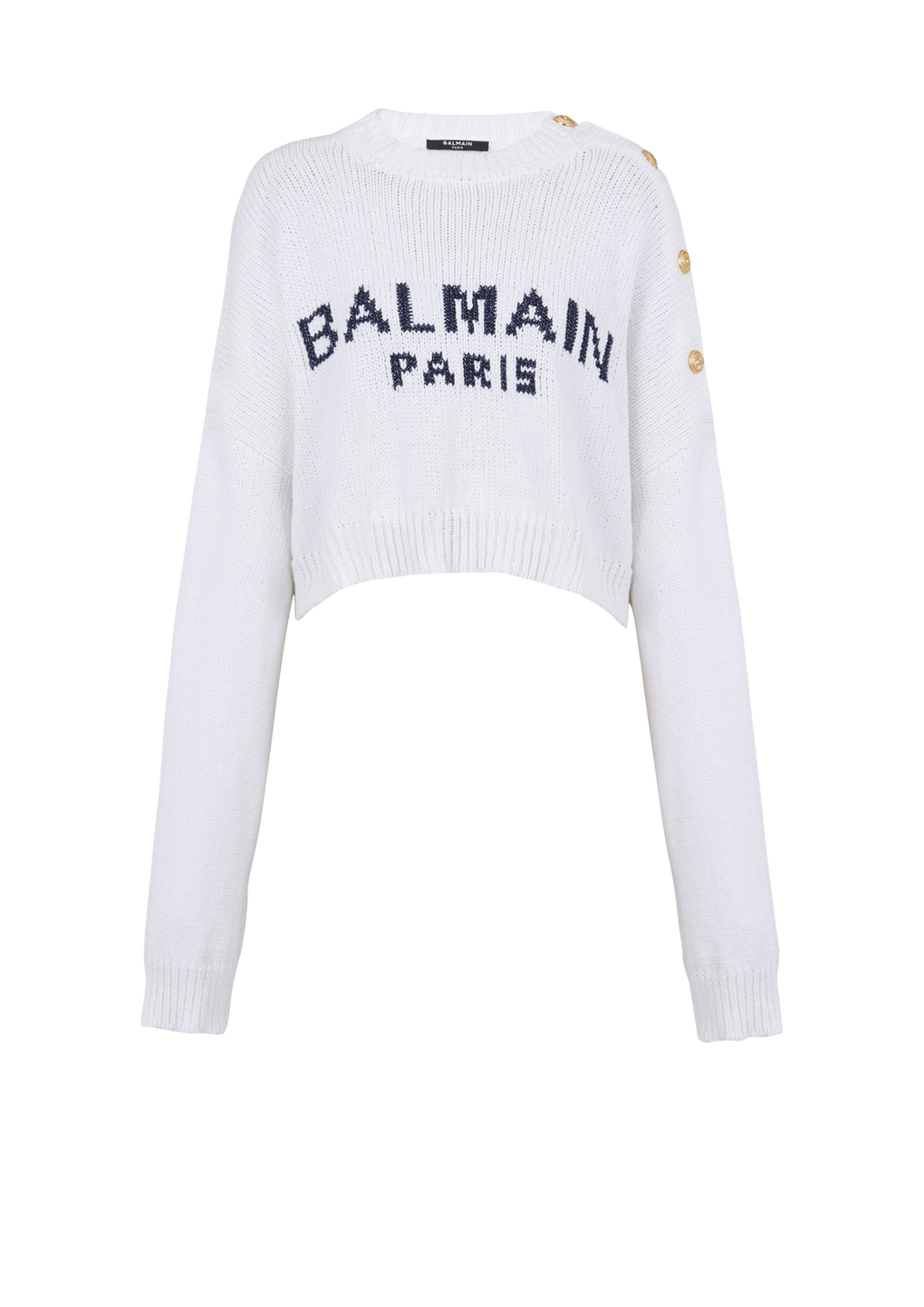 HIGH SUMMER CAPSULE - Cropped knit sweater with Balmain logo print, white, hi-res