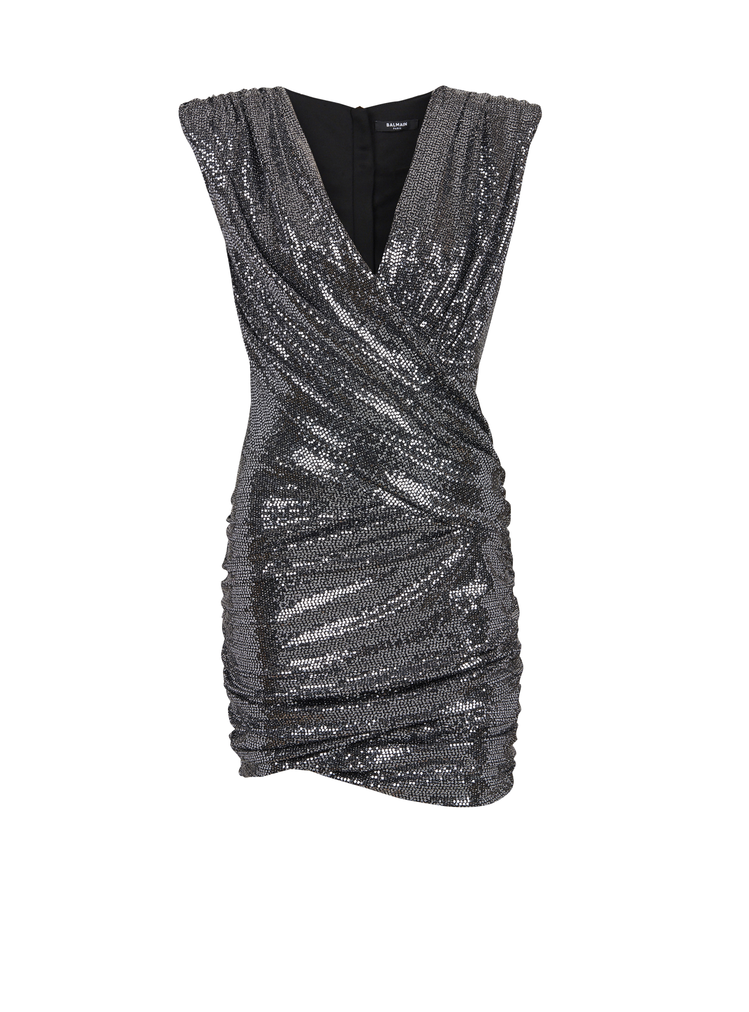 Short draped jersey dress with sequins, silver