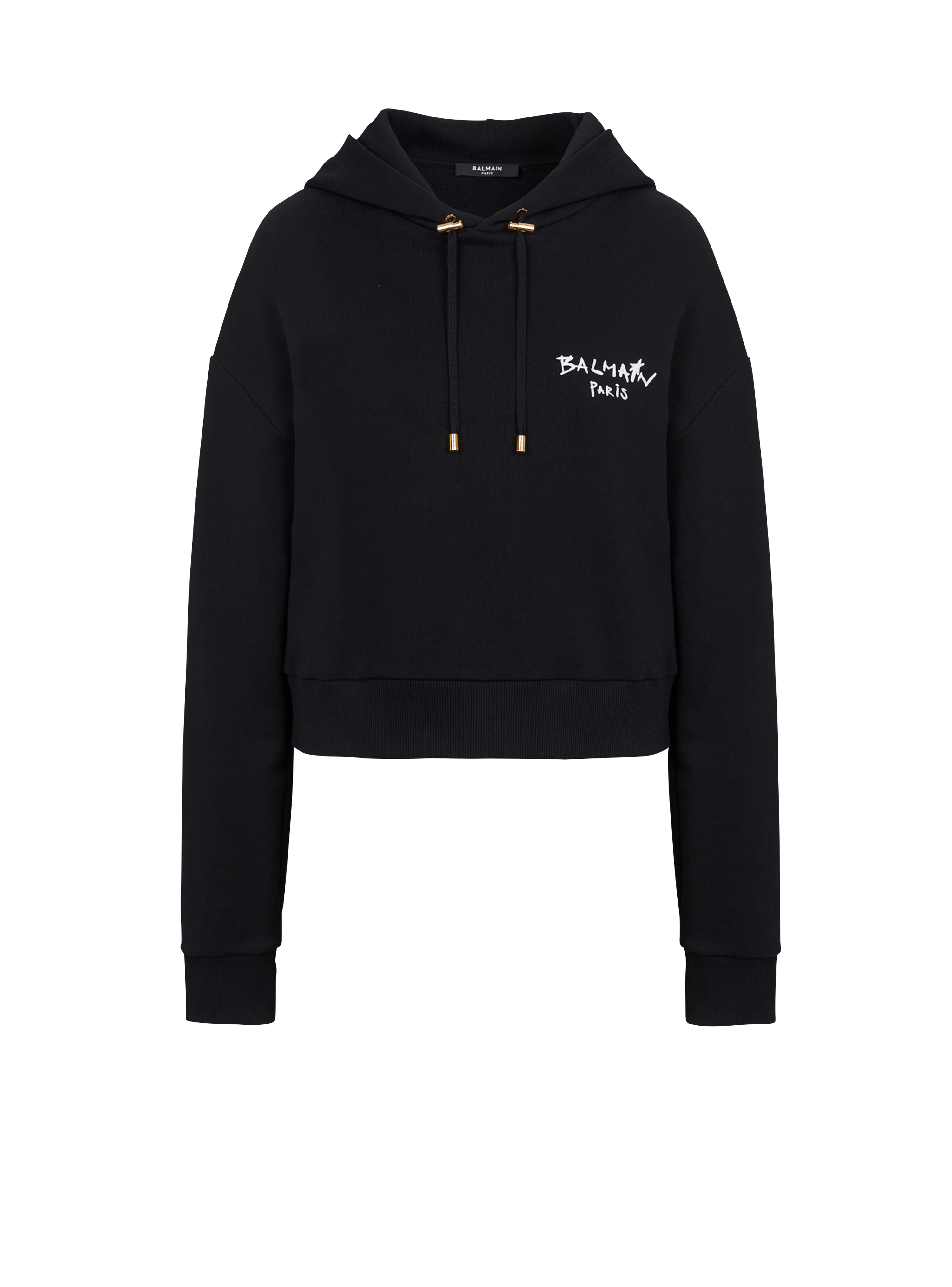 Cropped eco-design cotton sweatshirt with flocked graffiti Balmain logo, black